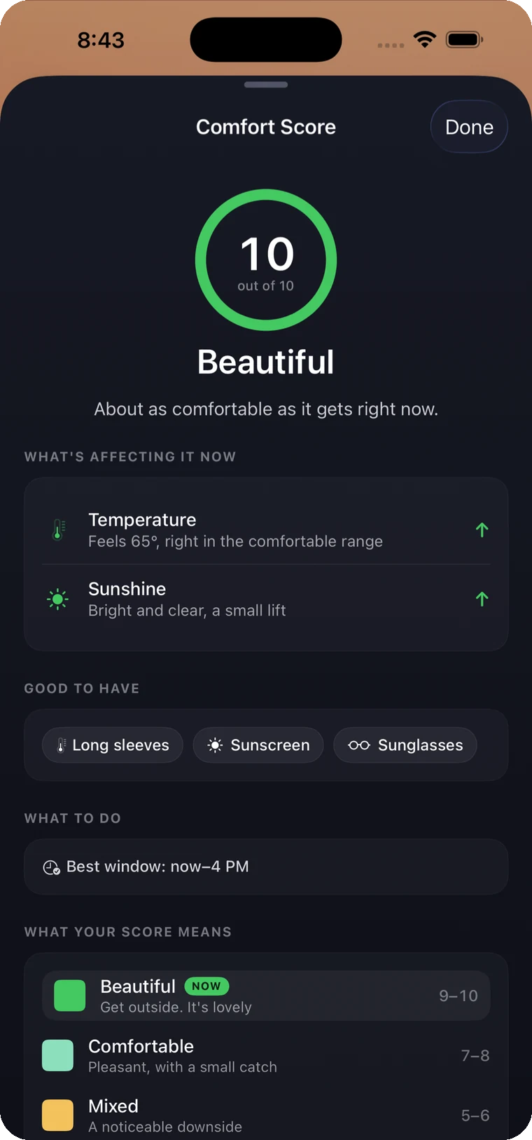 The Comfort Score detail sheet: a green ring reading 10 out of 10, Beautiful, with the factors affecting it and the full 1 to 10 scale.