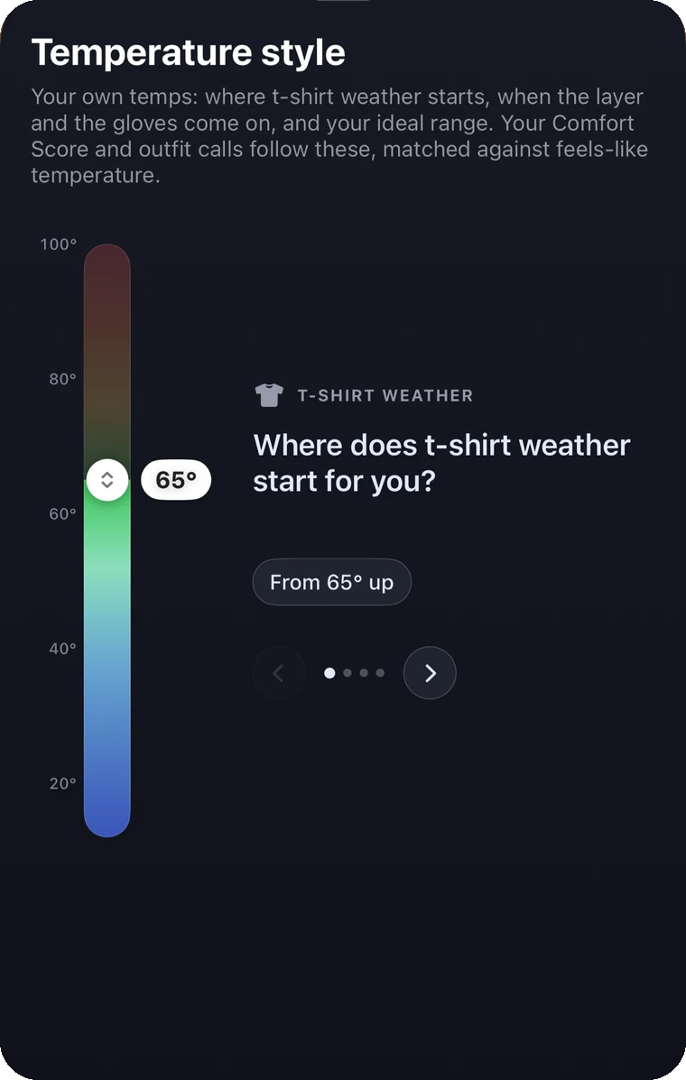 The Temperature style sheet in the app, with a colour-ramped thermometer and the question: where does t-shirt weather start for you?